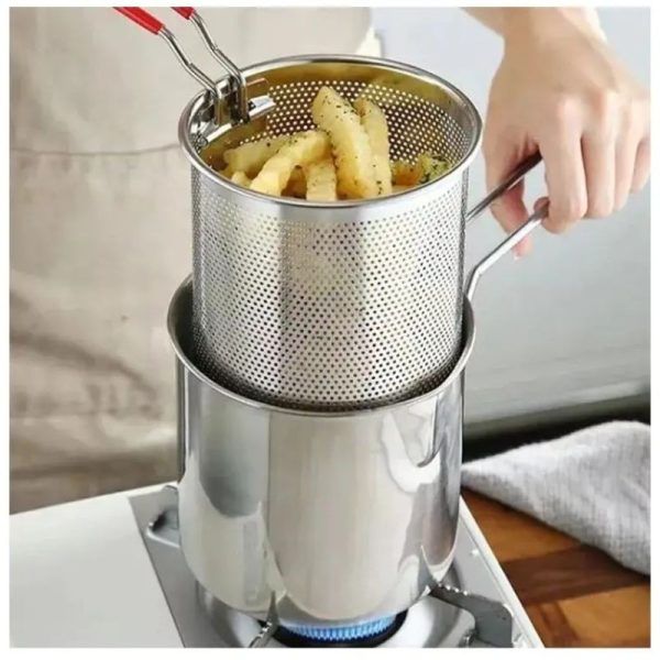 "Stainless Steel Deep Fryer Pot 1.2L – With Oil Strainer Basket for Safe & Easy Frying"