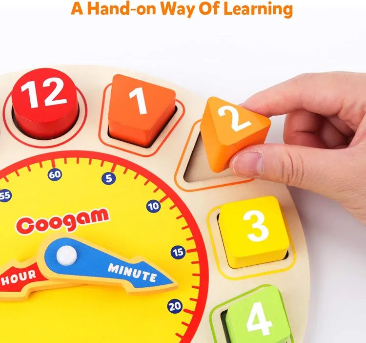 Wooden Shape Sorting Clock Toy – Montessori Time Learning Puzzle with Number Blocks for Kids Early Education