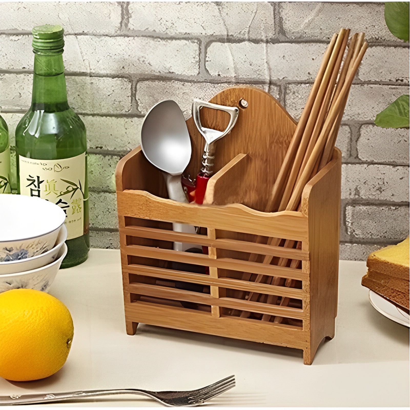 Wooden Spoon Holder & Bamboo Chopstick Storage Basket – Mini Kitchen Organizer